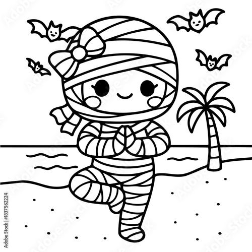 Mysterious Yoga in the Sand: A cartoon mummy performs yoga in the sand. bats, tree and the beach create mysterious scene. 