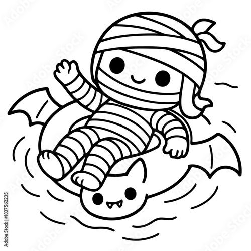 Mummy riding a Bat: This black and white cartoon illustration features a cheerful mummy character floating on a bat-shaped inflatable in a playful scene, perfect for Halloween or festive designs. 