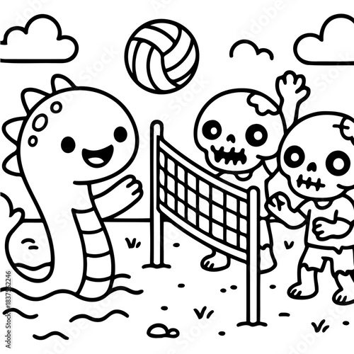 Whimsical Volleyball Match: A cheerful creature and zombies engage in a playful volleyball match, the scene painted in charming black and white, against a simple seaside background.