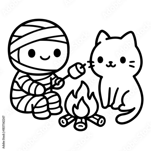 Mummy and Cat Camping: An adorable mummy and a cute cat enjoy a camping adventure together, roasting a marshmallow over a warm campfire.