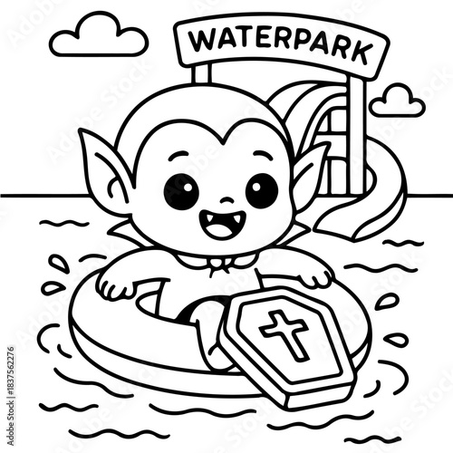 Vampire in Waterpark: A whimsical illustration depicts a cartoon vampire enjoying a playful day at a waterpark, floating leisurely in a rubber ring with a coffin.