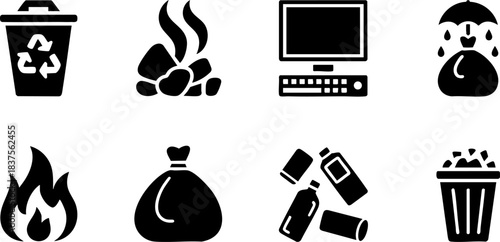 Black and white icons of recycling, garbage, fire, plastic, and e-waste for environmental and waste management visuals