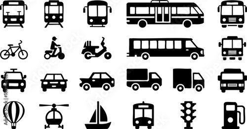 Black transport icons including bus, car, bike, ship, helicopter, scooter, traffic light, and gas pump