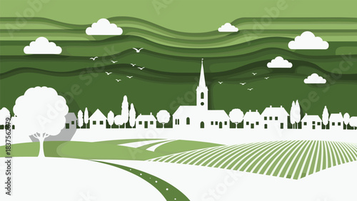 WebGreen Countryside Village Landscape Vector Illustration with White Church, Rolling Hills, Fields, Paper-Cut Clouds, and Birds in Minimalist Style.