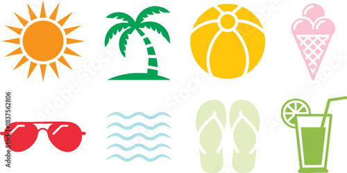 Colorful summer icons featuring sun, palm tree, beach ball, ice cream, sunglasses, flip-flops, waves, and drink