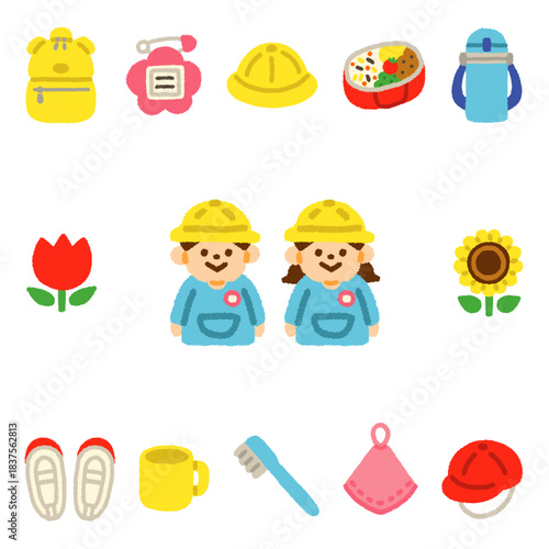 幼稚園 園児 アイコンセット 手書き パステル 子供向け かわいい イラスト