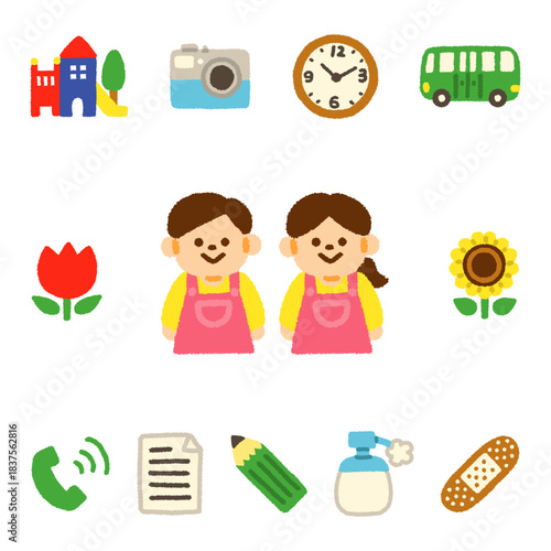 幼稚園 先生 仕事 アイコンセット 手書き パステル 子供向け かわいい イラスト