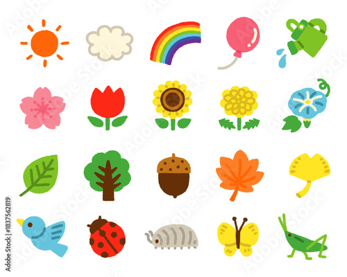 天気 植物 生き物 手書き アイコンセット 子供向け かわいい イラスト