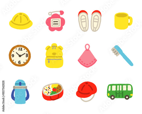 幼稚園 準備 アイコンセット 手書き パステル 子供向け イラスト