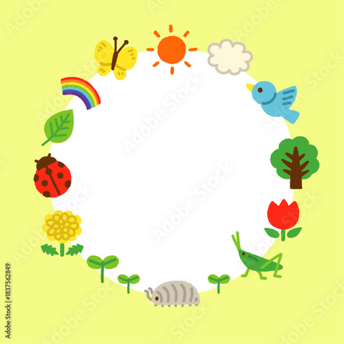 かわいい生き物のフレーム素材 自然 円形 手書き パステル 背景 イラスト