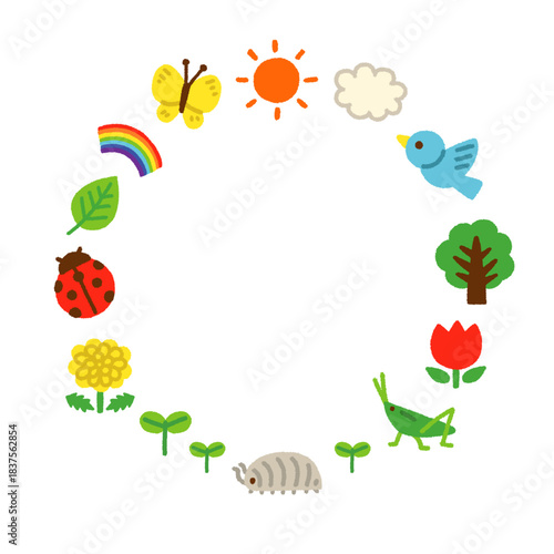 生き物 フレーム 自然 円形 手書き パステル かわいい 背景 イラスト