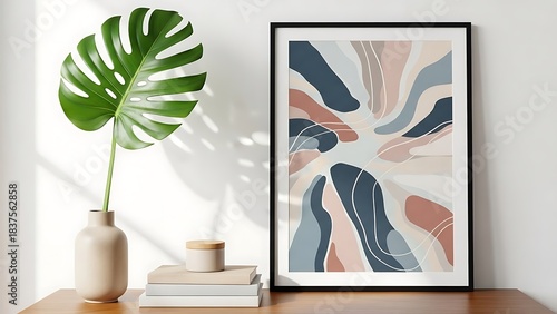 Abstract Mid Century Modern Art Print with Monstera Leaf in Vase.