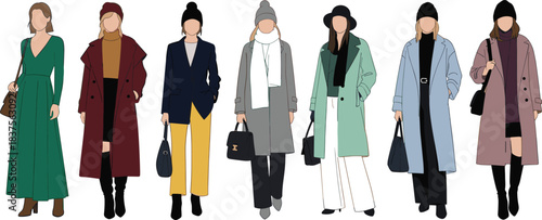 Stylish Women's Winter Fashion Set: Cozy Long Coats, Knit Hats, Scarves, and Modern Cold Weather Outfits Vector Illustration