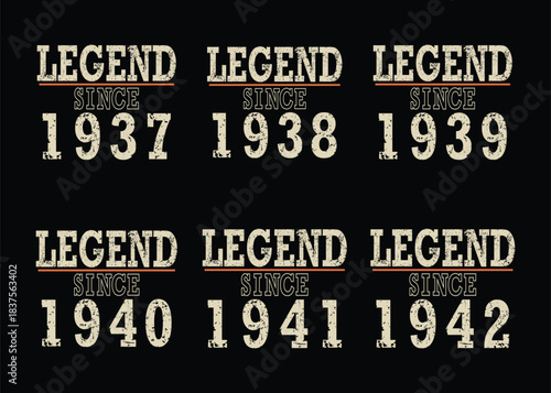 Vintage legend birthday celebration designs featuring milestone years 1937 to 1942 for retro themed party invitations and special event decorations