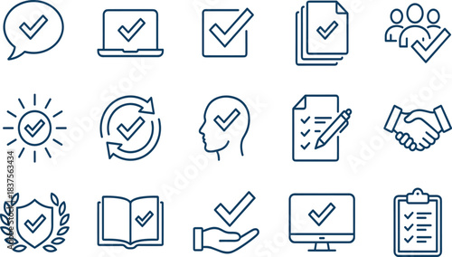 Approval, Quality Check, and Completion Line Icons Set, Task Authorization, Document Verified, Agreement, Certification, and Success Concepts, Editable Vector.