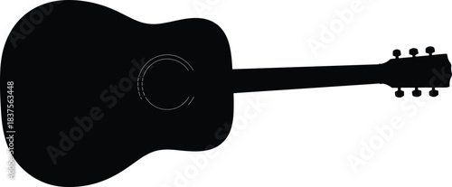 Acoustic six-string guitar silhouette; simple black musical instrument vector graphic, songwriting, concert, hobby, isolated on white.