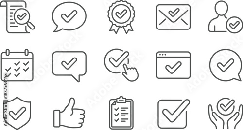 Approval, Verified Check, and Completion Line Icons Set, Task Authorization, Quality Assurance, Agreement, and Success Concepts, Editable Vector.