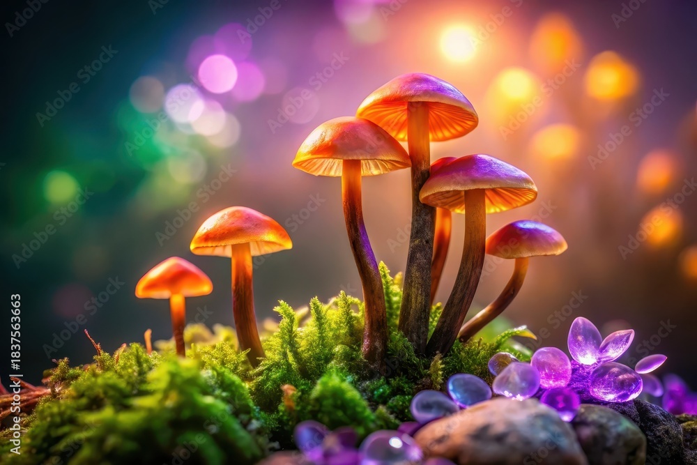 Fototapeta premium Enchanted Forest Fungi A Cluster of Glowing Mushrooms Illuminated by Magical Light in a Lush Mossy Habitat