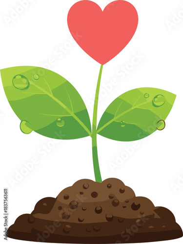 Vector Illustration of a Heart-Shaped Leaf Sprout Growing in Fertile Soil, Symbolizing Love, Care, Valentine's Day, New Life, and Environmental Growth.
