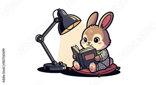 Cartoon Illustration of an Adorable Rabbit Reading a Book Under a Desk Lamp illuminating background