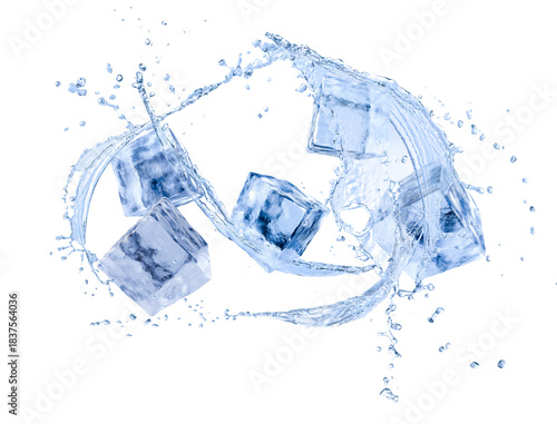 Ice cubes and splash of water in air on white background