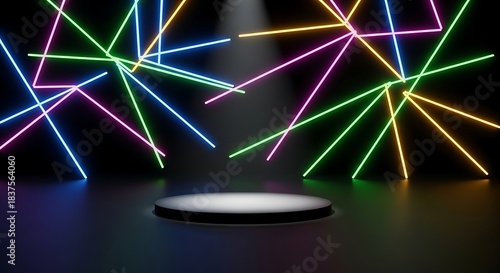 Futuristic Stage with Neon Lights and Spotlight for Product Display.