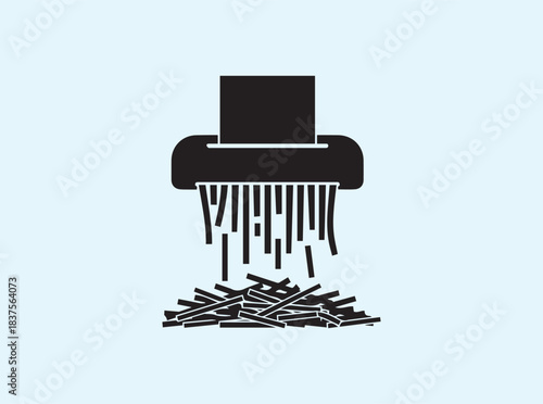 Solid black silhouette of paper shredder cutting paper with shredded strips on white background

