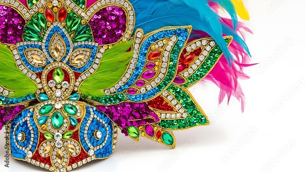 Fototapeta premium Colorful carnival headdress with sequins, feathers, and jewels on white background