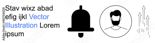 Notifications, user interface, communication, profile system, productivity, business growth. Bell icon, male avatar and upward arrows. Notifications and user interface concept