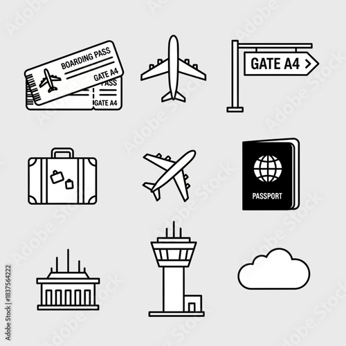 Essential travel icons for smooth journeys, featuring airplanes, boarding passes, passport, luggage and airport tower, perfect for travel agencies