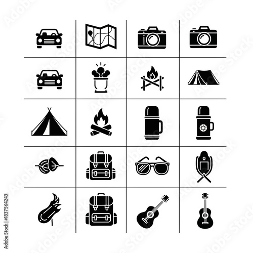 Adventure awaits with this outdoor recreation icon set! From camping to road trips, capture the spirit of exploration with this scalable vector art