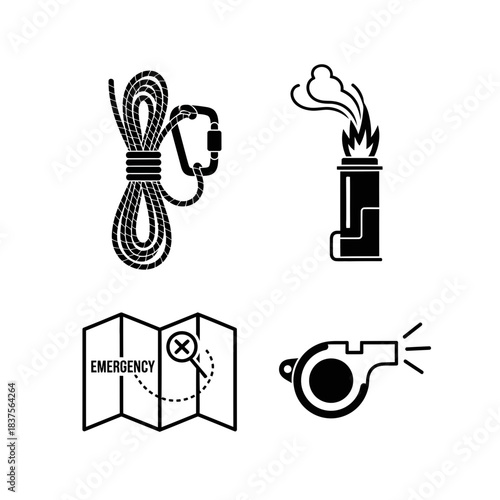 Essential emergency survival kit icons for outdoor adventures and safety preparedness, a modern visual guide for scouts, hikers, and adventure seekers