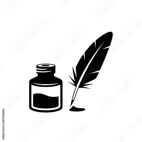 Classic writing elegance featuring a quill pen and inkwell illustration, perfect for historical themes, creative projects, or artistic designs with timeless appeal