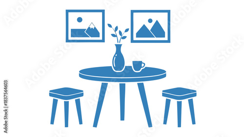 Simple blue illustration of a round wooden table with two stools a vase with branches and a cup on a black background with two framed pictures above