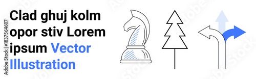 Strategic decision making, environmental awareness, business strategy, choices, navigation paths, minimal design. Chess knight, tree and diverging arrows in simple line art. Strategic planning