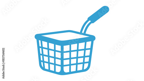 Simple blue line drawing of a deep fryer basket with handle on a black background