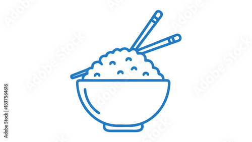 Simple blue line art of a bowl filled with rice and chopsticks resting on top against a black background representing Asian cuisine and food culture