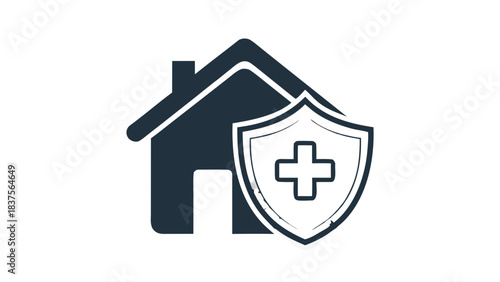Simple Dark Blue House Icon with Medical Shield and Cross Symbol Representing Home Health Care Protection and Safety Security Concept Flat Design Illustration