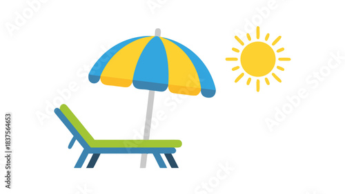 Simple Flat Design Illustration of a Beach Chair and Umbrella Under a Bright Yellow Sun on a Black Background