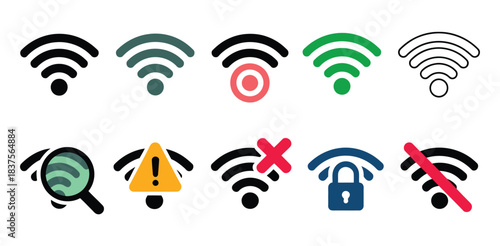Wi-Fi symbol and indicator vector set, including multiple connection levels such as full, weak, error, locked, and offline icons, perfect for apps