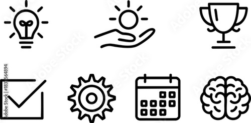 Black-and-white icons of productivity and motivation including ideas, goals, planning, achievement, and mental focus