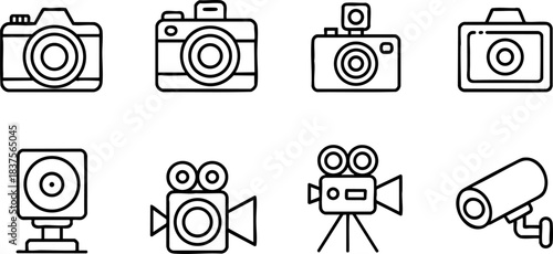 Black-and-white icons of photo and video cameras including webcam, surveillance, film reel, and digital camera designs