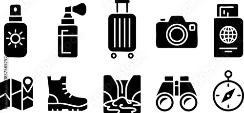 Black-and-white icons of travel essentials including sunscreen, suitcase, passport, map, camera, compass, and hiking gear