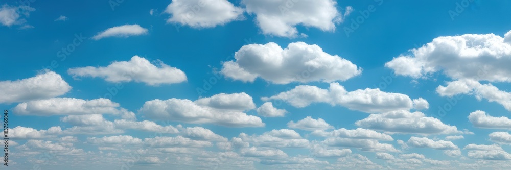 Naklejka premium Beautiful blue sky cloudscape with white fluffy cumulus clouds on a sunny day