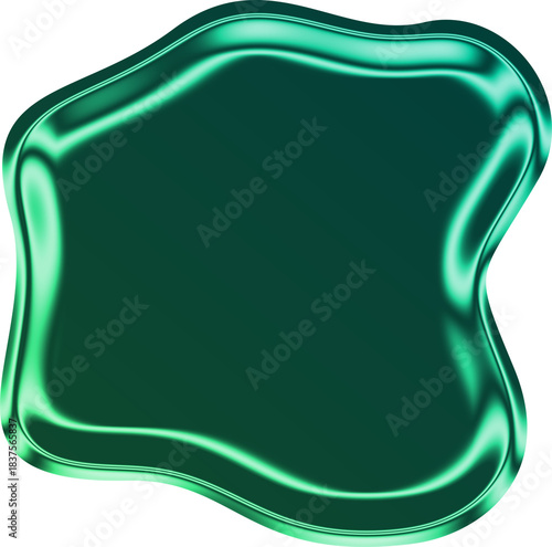 Abstract green glossy liquid fluid blob with reflective metallic chrome texture, png element for modern, iridescent, organic, holographic, digital design illustration