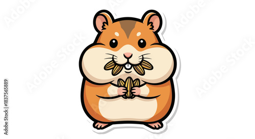 Adorable hamster cartoon character enjoying a snack with full cheeks and holding seeds