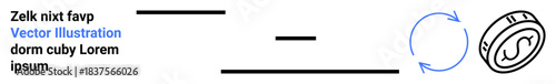 Business branding, data exchange, product lifecycle, process flow, corporate identity, infographic design. Symbol of circular rotation, text and horizontal lines. Business branding and data exchange