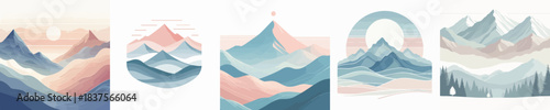 Serene Watercolor Mountain Landscapes with Pastel Hues and Gentle Peaks