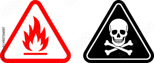 Triangular hazard signs with flame and skull symbols representing flammable and toxic warnings for safety, chemical labeling, and workplace compliance.