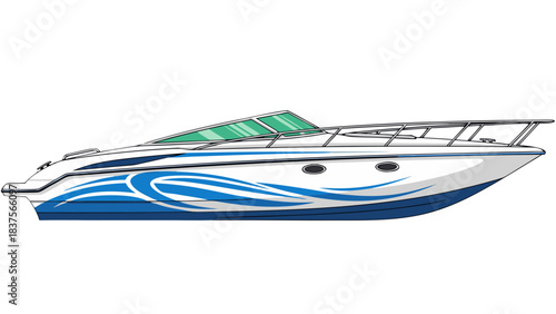 Sleek White Speedboat With Blue Wave Design Adorning Its Hull Cruising Through Clear Waters Under Bright Sunlight Perfect For Leisure and Recreation
